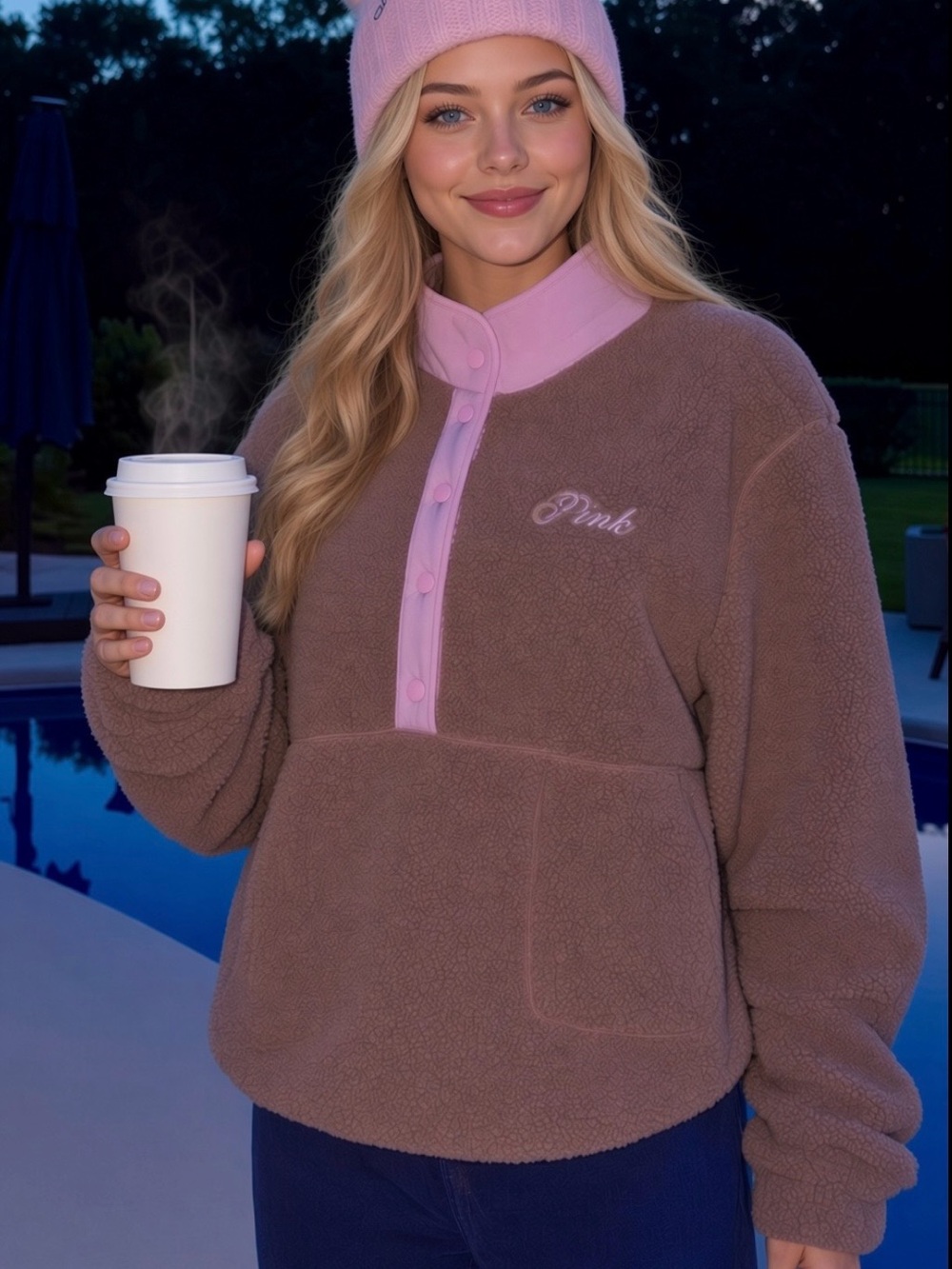 PINK Victoria's Secret - Pullover Teddy Brown Sherpa with Pink Trim - Picture 1 of 9